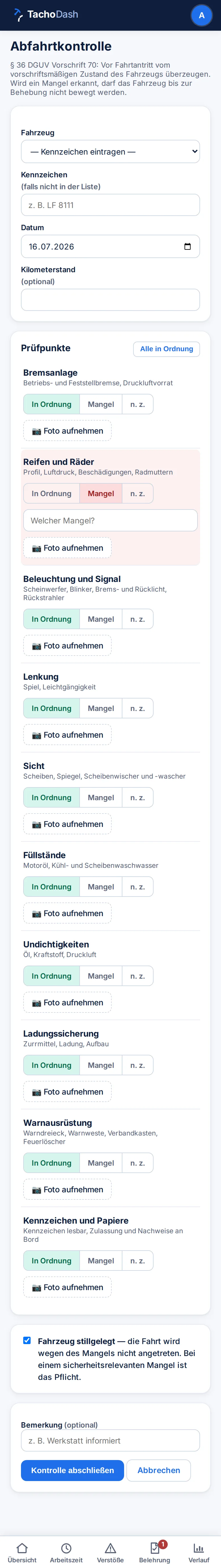 Fahrer-App: Abfahrtkontrolle mit Mangel und Foto