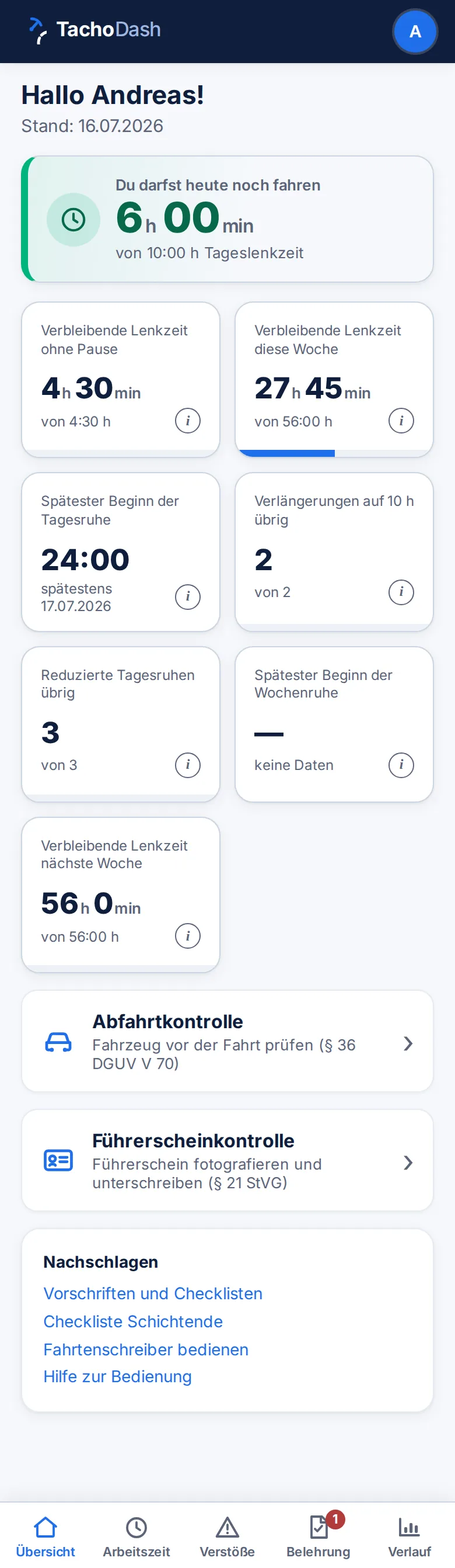 Fahrer-App: verbleibende Lenkzeit heute