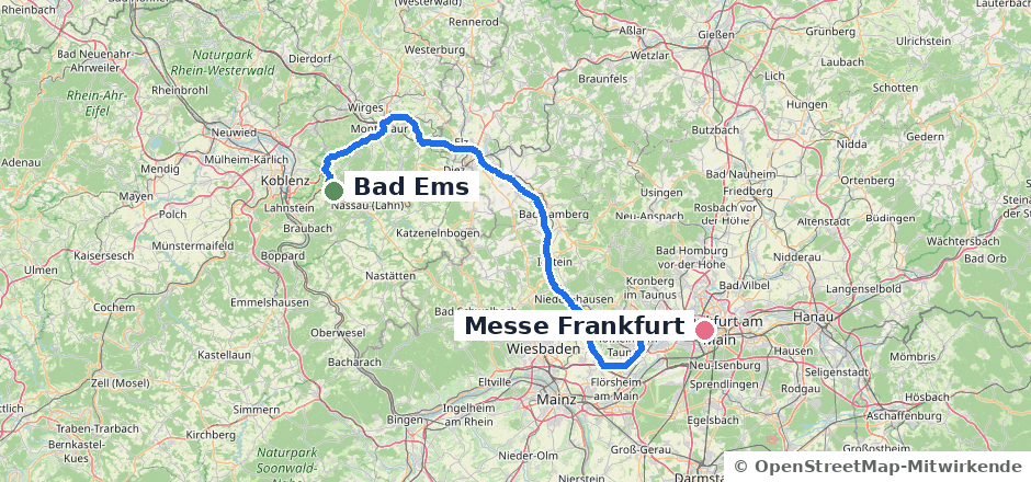 Kartenausschnitt mit der gefahrenen Route von Bad Ems zur Messe Frankfurt, 113 Kilometer